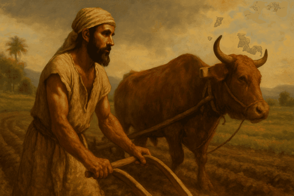 ancient farmer with an ox and plow