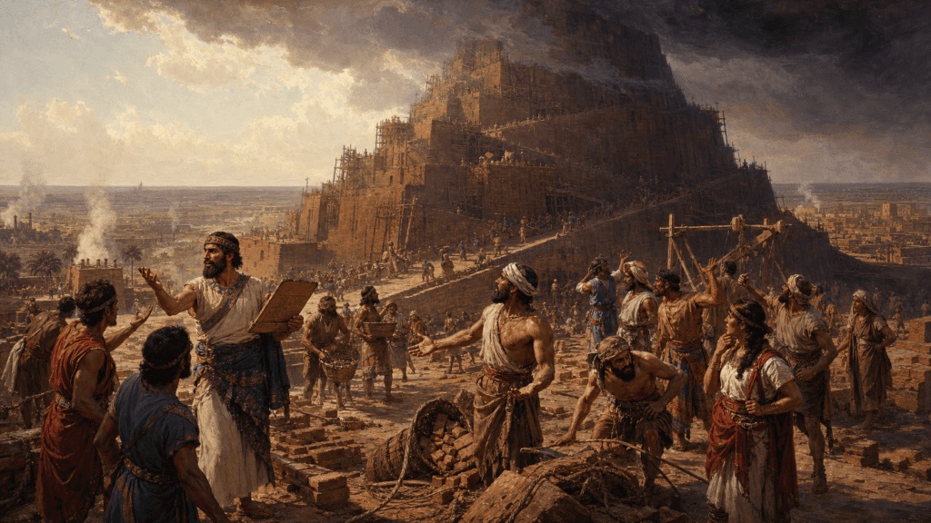 Painterly depiction of workers constructing the Tower of Babel while confusion spreads among the builders