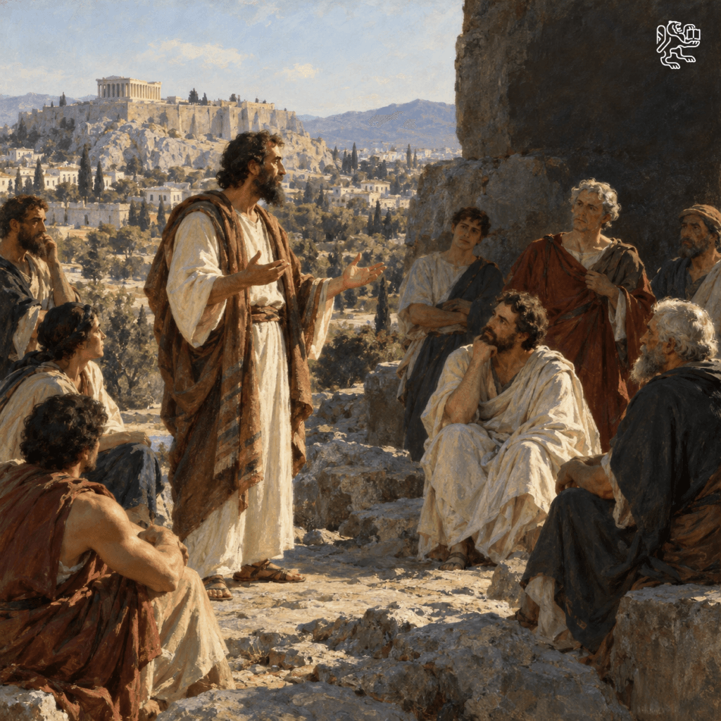 An oil-painting-style scene of the apostle Paul addressing Athenian philosophers on the Areopagus, with the white Reformed Forum lion mark