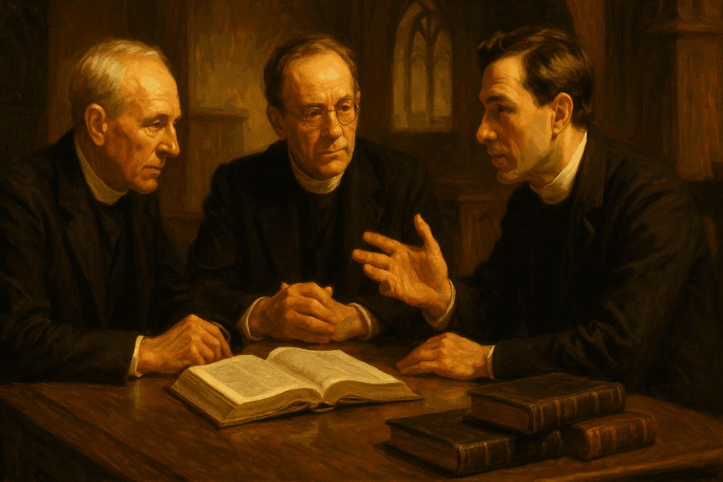 Featured image for Christ the Center episode 951 showing three Presbyterian ministers in conversation in a church study, in a John Singer Sargent-inspired painterly style.